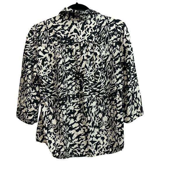 Tory Burch Black White Patterned 100% Silk T Logo Tunic Blouse Size 6 - Picture 7 of 11